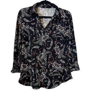 INC International Concepts Paisley Roll Tab Sleeve V-Neck Blouse Black Small